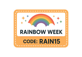 Flat vector coupon RAINBOW WEEK arc rainbow and clouds behind headline code RAIN15 sprinkles clean white space ultralegible