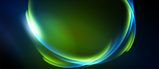 Abstract flowing shapes, vibrant colors, dark background. Smooth gradients create luminous effect, modern design element.
