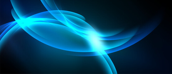 Abstract blue light curves radiate from central bright point. Smooth shapes suggest energy, motion, futuristic design. Dark background enhances glow.