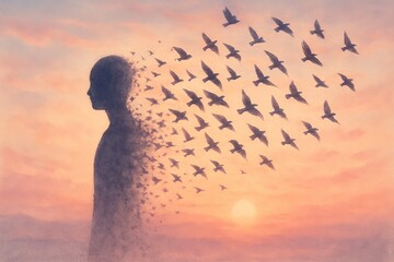 Human silhouette dissolving into a flock of birds at sunrise—symbol of freedom, healing, change, and letting go.