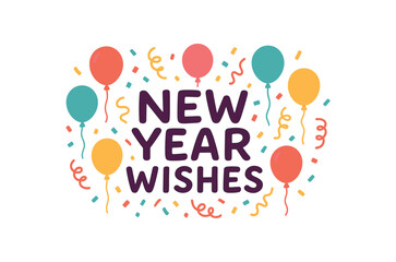 Flat vector illustration with text NEW YEAR WISHES playful rounded handwritten font with balloons confetti and streamers cheerful celebration flat vector style isolated on white background