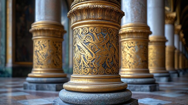 Ornate golden columns in a historical hall  Intricate carvings adorn the pillars