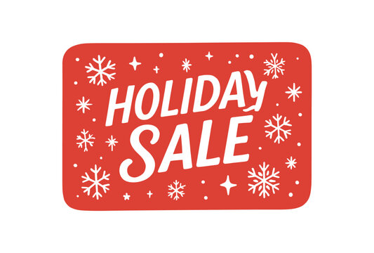 Flat vector illustration with text HOLIDAY SALE script lettering on red background with white snowflakes and stars festive banner flat vector style isolated on white background