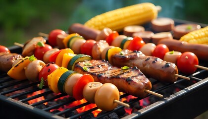 Barbecue Grill Loaded with Skewers of Grilled Chicken, Vegetables, Corn, and Sausages Over Glowing Charcoal