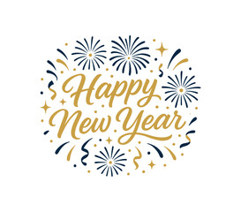Obraz premium Flat vector illustration with text HAPPY NEW YEAR elegant brush script surrounded by fireworks confetti and golden sparkles festive flat vector design dark navy and gold palette isolated on