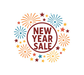 Obraz premium Flat vector illustration with text NEW YEAR SALE condensed lettering inside circular frame made of fireworks and stars flat celebration vector composition isolated on white background