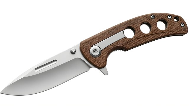Folding pocket knife brown handle stainless steel blade tactical edc knife for camping and outdoor gear on transparent background
