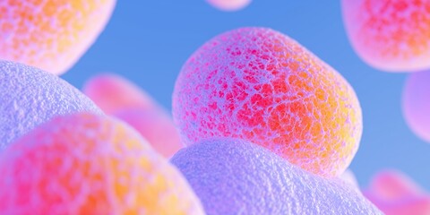 Whimsical blob shapes in vibrant colors hover in the air, creating a spongy and surreal atmosphere, evoking a sense of wonder and imagination