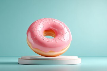 Donut's Sweet Embrace: A single, delectable donut with pink frosting, a symbol of sweetness, rests gracefully on a pristine platform, inviting indulgence against a soft pastel backdrop.