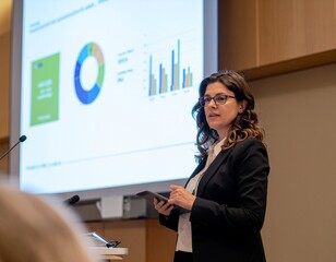 Confident Woman Speaking at Business Conference Presentation