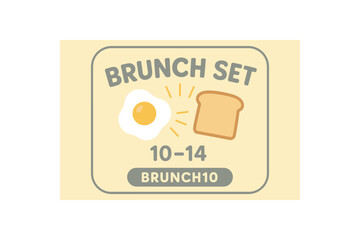 Flat vector invitation BRUNCH SET fried egg and toast illustration sunburst rounded friendly type code BRUNCH10 clock 10 14 soft and gray palette weekend mood