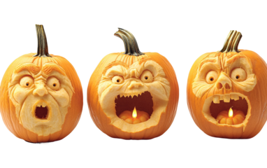 Creative pumpkin display showing joyful and eerie carvings perfect for seasonal decorations isolated on transparent background PNG