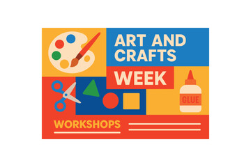 Flat vector banner for ART AND CRAFTS WEEK paint palette scissors glue and paper shapes bright primary palette grid layout for workshop list