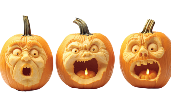 Creative pumpkin display showing joyful and eerie carvings perfect for seasonal decorations isolated on transparent background PNG