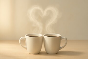Two coffee mugs with steam forming a heart—warm, romantic morning scene for Valentine, date, wedding, or lifestyle themes.