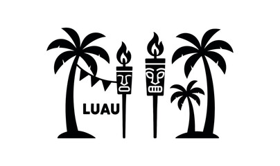 Obraz premium flat black vector illustration of tropical luau party with tiki torches garlands and palm trees silhouette modern vector strong clear shapes isolated on white background