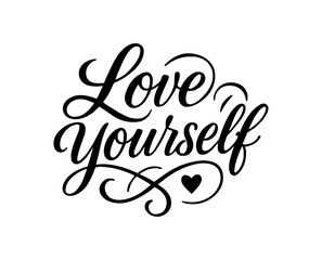 Vector lettering composition with text Love Yourself elegant script font with flourishes heart accents isolated on white background romantic vector lettering design