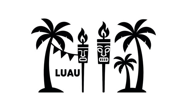 flat black vector illustration of tropical luau party with tiki torches garlands and palm trees silhouette modern vector strong clear shapes isolated on white background