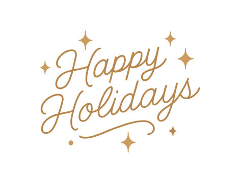 Flat vector illustration with text HAPPY HOLIDAYS minimal monoline script lettering with gold sparkles and soft background texture elegant modern vector design isolated on white background