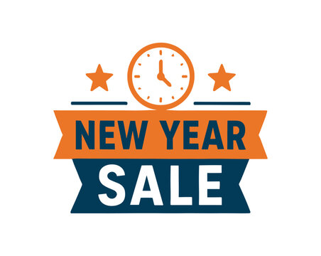 Flat vector illustration with text NEW YEAR SALE modern condensed font inside decorative ribbon banner with clock and icons clean flat vector design isolated on white background
