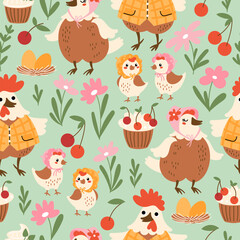 Cute chicken family Easter background