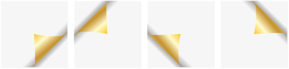 Golden page corner fold. Page with curled edge corner shadow,stickers, peel banners, bent sheet isolated on transparent background