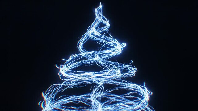 Glowing blue light forming Christmas tree shape with star on top against black background