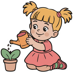 cute girl cartoon character watering plant with watering can