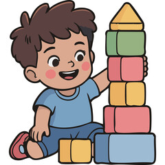 happy child cartoon character playing with stacking blocks toy