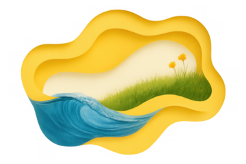 Paper cut style nature landscape with ocean wave, green grass, and yellow flowers, transparent background