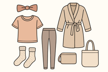flat vector handdrawn soft palette clean outlines white background cozy loungewear headband knit socks robe soft tee leggings tote pouch no logos no gloss