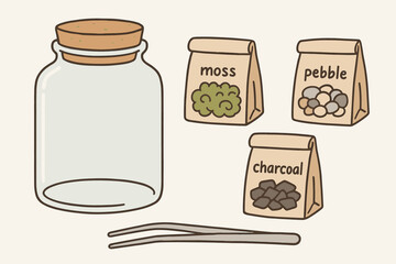 flat vector handdrawn soft palette clean outlines white background terrarium kit glass jar cork lid moss pouch pebble bag charcoal sachet long tweezers no logos no gloss