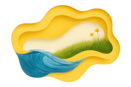 Paper cut style nature landscape with ocean wave, green grass, and yellow flowers, transparent background