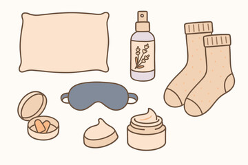 flat vector handdrawn soft palette clean outlines white background sleep ritual silk pillowcase lavender mist eye mask ear plugs case night cream cozy socks no logos no gloss