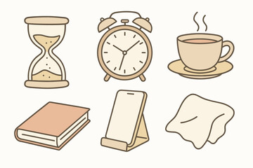 flat vector handdrawn soft palette clean outlines white background mindful tech break sand timer analog clock book tea cup phone stand soft cloth no logos no gloss