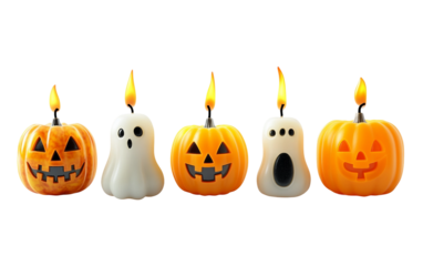 Artistic display of Halloween pumpkin candles illuminating a cozy and eerie holiday setting isolated on transparent background PNG
