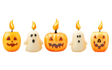 Festive Halloween candles designed in pumpkin shapes perfect for tabletop decor and seasonal celebrations isolated on transparent background PNG
