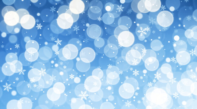 Blue Christmas background with falling snowflakes and bokeh. Abstract winter holiday and New Year celebration backdrop for a greeting card or banner