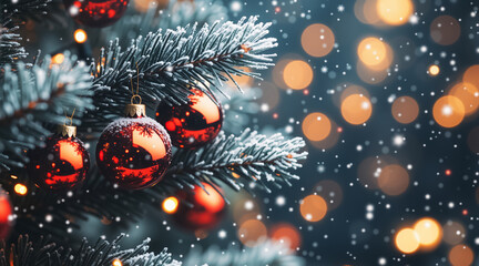 Red christmas baubles on a snow-covered fir tree branch. Festive holiday background with winter snow and bokeh lights. New Year celebration concept