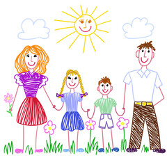 A happy family. A child's drawing. Hand-drawn with crayons. Parents and children holding hands, under the sun and clouds. Suitable for prints, posters, and Mother's Day and Father's Day cards. Vector 