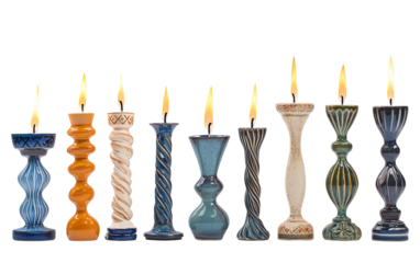 Creative collection of modern Hanukkah menorah holders with unique patterns for tabletop decoration isolated on transparent background PNG