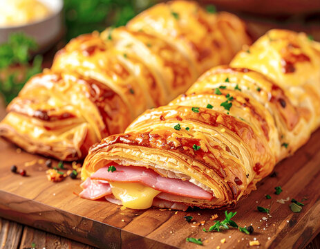 Ham and cheese flaky puff pastries, rustic background. AI