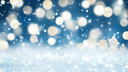 Festive blue winter background with bokeh lights and glitter. Christmas and New Year holiday abstract backdrop with sparkling snow