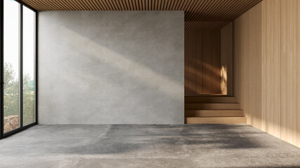 Minimalist interior with textured empty wall, concrete floor and warm wooden finishes, sunlight softly hitting the space, perfect for mockups or background use, 3d render.