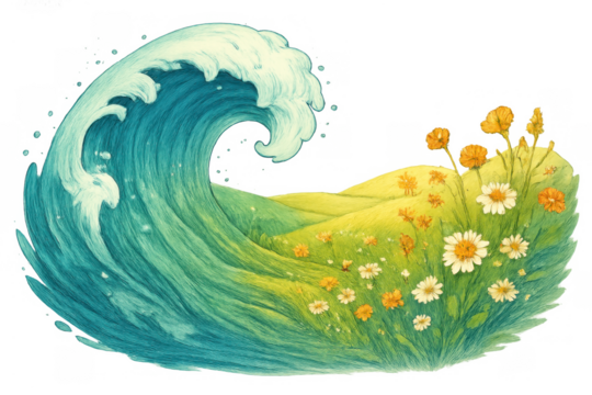 Wave merging with rolling green hills of a flower meadow, symbolizing nature, environment, and harmony, transparent background - Powered by Adobe