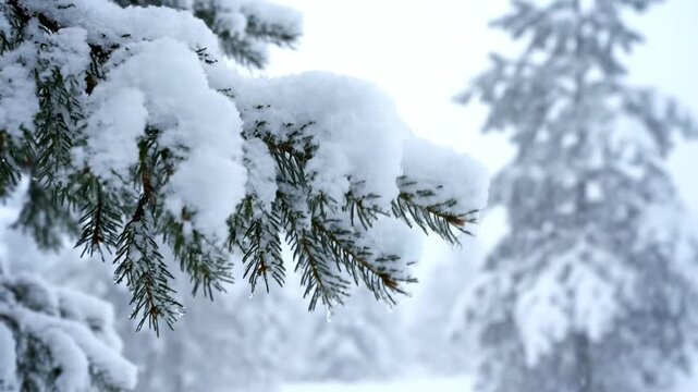 Winter forest landscape with snow-covered pine and fir trees under a cold blue sky