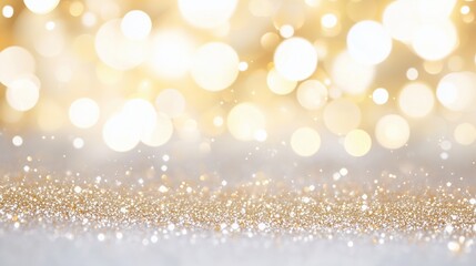 Abstract gold and silver glitter background. Festive sparkling bokeh for Christmas and New Year's Eve. Holiday party invitation backdrop
