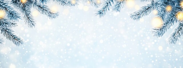 Christmas winter background with snow-covered fir tree branches and lights. Festive holiday banner with falling snow. New Year celebration backdrop with copy space