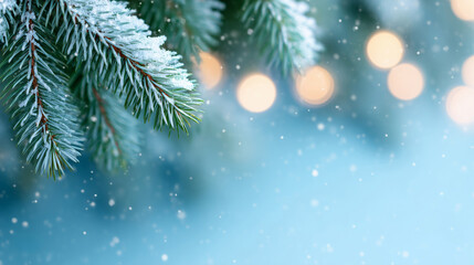 Snow-covered fir tree branch on a festive winter background. Christmas and New Year holiday scene with falling snow and golden bokeh lights
