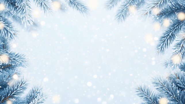 Winter Christmas background with snow-covered fir tree branches. Festive holiday frame with blue frost and bokeh lights. New Year celebration banner